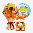 Birthday bouquet, plush fox with cupcake, and "Happy Birthday" balloon.