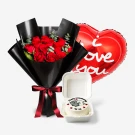 Red roses bouquet, "I love you" heart balloon, and small anniversary cake in a box.