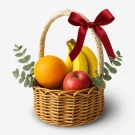 Wicker basket with bananas, orange, apple, eucalyptus, and red ribbon bow.