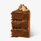 Slice of chocolate crunch cake with chocolate frosting and whipped cream topping.