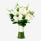 A bouquet of white roses and lilies, tied with a satin ribbon.