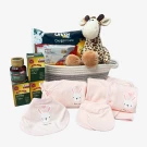 Newborn gift basket with giraffe plush, diapers, wipes, infant clothes, bib, and herbal medicine.