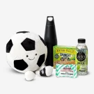 Plush football, black tumbler, granola bars, lime water, and mint lozenges.