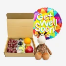 Get Well Soon balloon, plush giraffe, and a gift box with fruit and water.