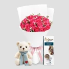 Pink roses bouquet, white teddy bear with blue scarf, and Belgian chocolate seashells.