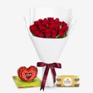 Valentine's Day bundle with red roses, pop-up heart card, and Ferrero Rocher chocolates.