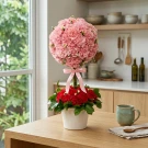 Pink and red carnation topiary with a pink bow on a wooden table.