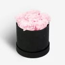 Black box with 6 pink preserved roses, soft pastel pink blooms contrast with the dark container.