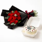 Anniversary bundle with red roses bouquet and small cake featuring two cats.