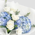 White roses, blue hydrangeas, and white carnations with eucalyptus in white paper wrapping, water droplets visible.
