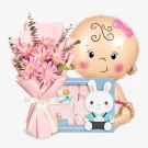 Baby girl gift set: pink flowers, baby clothes, and a foil baby balloon with a bunny cutout.