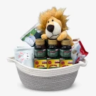 Gift basket with a lion plush toy, baby clothes, chicken essence, and wet wipes.