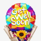 Colorful "Get Well Soon!" balloon with sunflower and flowers arrangement.
