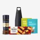 Davidoff coffee, Walker's shortbread, two Camel snack packs, and a black water bottle.