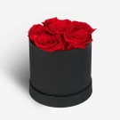 Black box with 6 preserved red roses.