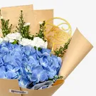 Bouquet of blue hydrangeas, white carnations, asters, and "Thank You" topper.