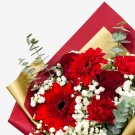 A vibrant bouquet of red gerberas, roses, and carnations with white baby's breath, elegantly wrapped in red and gold paper.