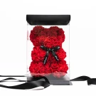 Red rose teddy bear in clear box with black ribbon, on white background.