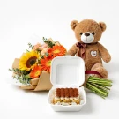 Teddy bear, sunflower and gerbera bouquet, and tiramisu bento box.