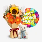 Get Well Soon bouquet with sunflower, gerbera daisies, carnations, balloon, and teddy bear.