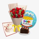 Birthday bundle: red roses, chocolate cake, balloon, and pop-up card.