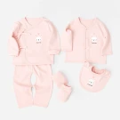 Pink baby girl clothing set with bunny print, including top, pants, bib, and mittens.