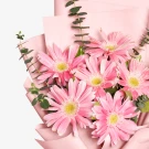 Pink gerbera daisies in pastel pink wrapping, symbolizing affection and joy.