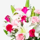 A bouquet of pink roses, white lilies, and pink carnations on a white background.