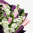 A bouquet of purple and pink tulips, white matthiolas, and green leaves with purple and pink wrapping.