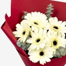 White gerbera daisies and eucalyptus in red wrapping paper.