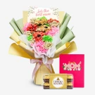 Mom's Sweet Surprise: bouquet of dried flowers, Ferrero Rocher chocolates, and a "Mom" card.