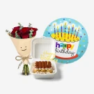 Birthday bundle with roses, tiramisu cake, and a "Happy Birthday" balloon.