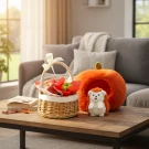 Wicker basket with apples and a hedgehog plushie in an orange pumpkin house on a wooden table.