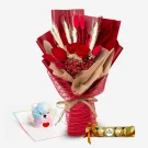 Red rose bouquet with preserved flowers, a teddy bear pop-up card, and Ferrero Rocher chocolates.
