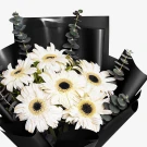 White gerbera daisies and eucalyptus stems in a black paper wrap.