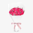 Bouquet of 24 vibrant pink roses and white aster, wrapped in white paper and tied with a pink ribbon.