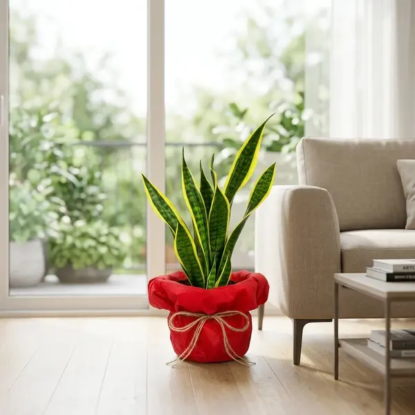 Snake plant with green and yellow striped leaves in a cream pot on a wooden floor.