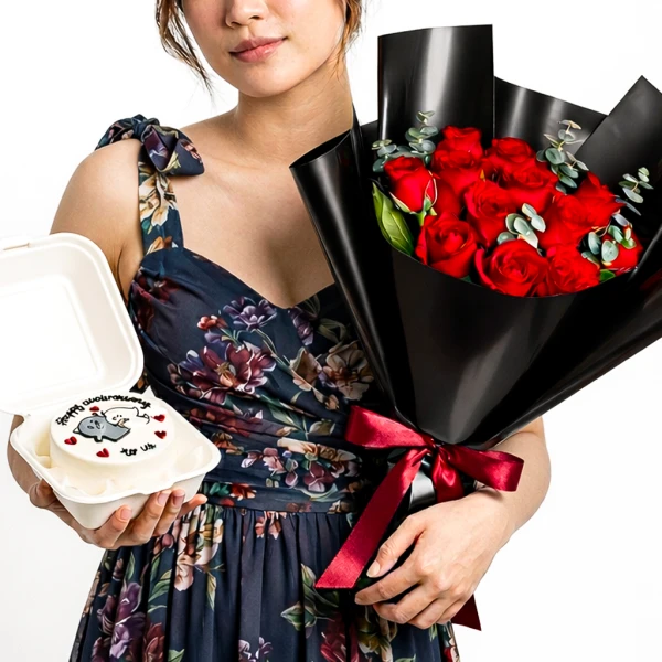 Woman holding a bouquet of red roses and a small cake with "Happy anniversary to us" written on it.