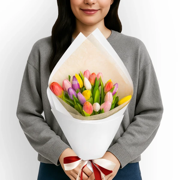 Woman in gray sweater holding a bouquet of colorful tulips wrapped in white paper, tied with a ribbon.