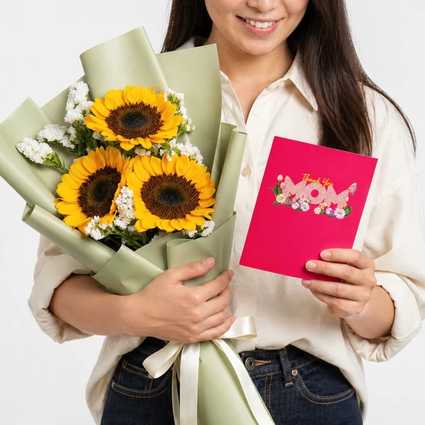 Woman holding sunflowers and a "Thank You Mom" card.