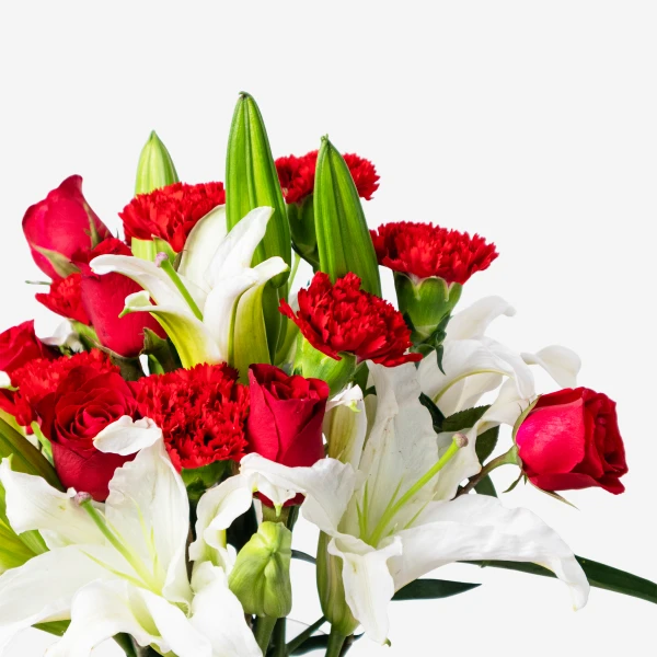 Red roses, white lilies, and red carnations arranged bouquet against a white background.
