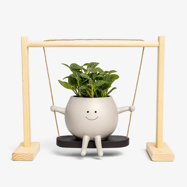 Happy Sprout Pal planter with a fittonia plant on a swing, smiling face, and wooden stand.