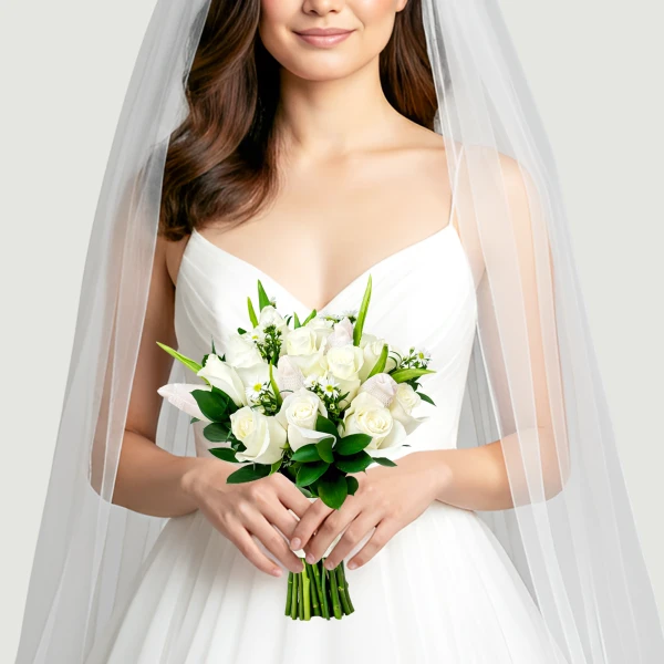 Bride holding a white rose and calla lily bouquet under a veil.
