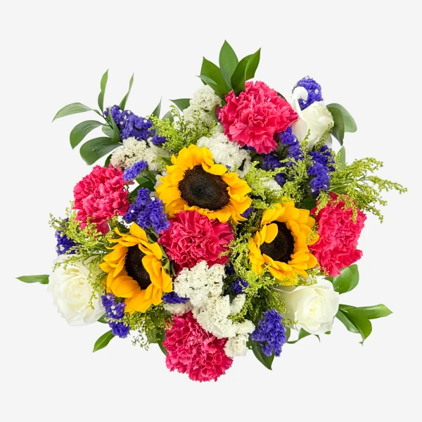 Vibrant bouquet with sunflowers, pink carnations, white roses, and purple statice, accented with green foliage.