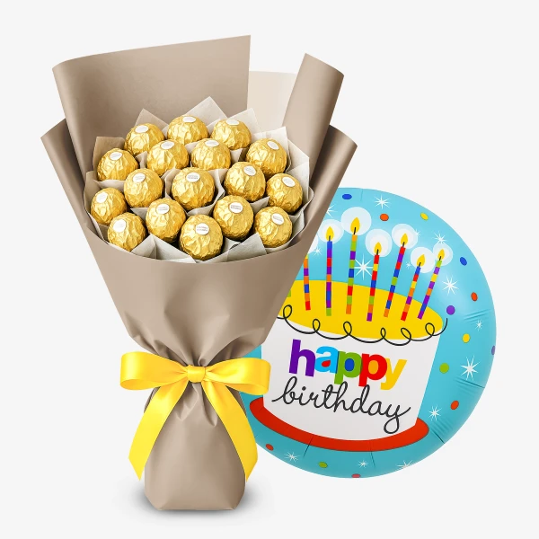 Ferrero Rocher chocolate bouquet tied with a yellow bow next to a blue "Happy Birthday" balloon with a cake design.
