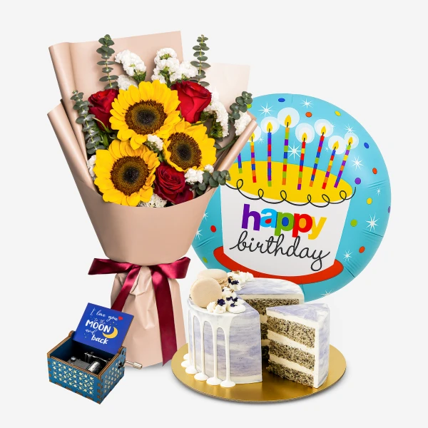 Birthday bundle: sunflowers, roses, balloon, cake slices, and music box on a white background.