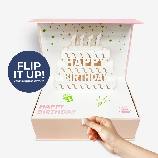 Pink gift box with pop-up birthday cake and "Happy Birthday" text.