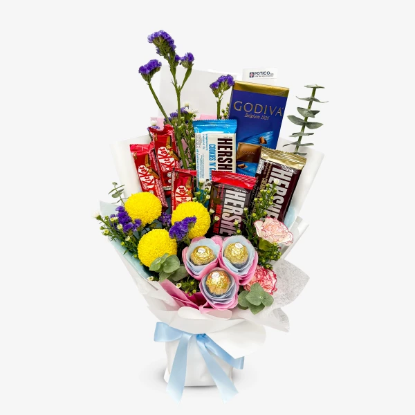 Chocolate bouquet with yellow chrysanthemums, purple statice, and a blue ribbon.