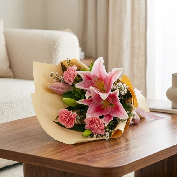 Pink lilies and carnations in a cream-colored bouquet with a pink ribbon.