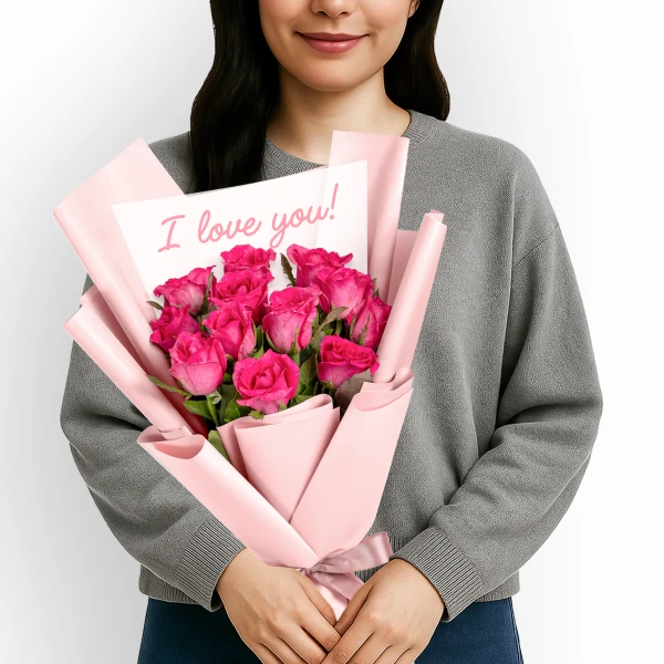 Woman holding a bouquet of 12 pink roses with an "I love you!" card.
